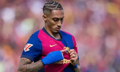 Raphinha comemora gol contra o Real Madrid • Reprodução/X Barcelona